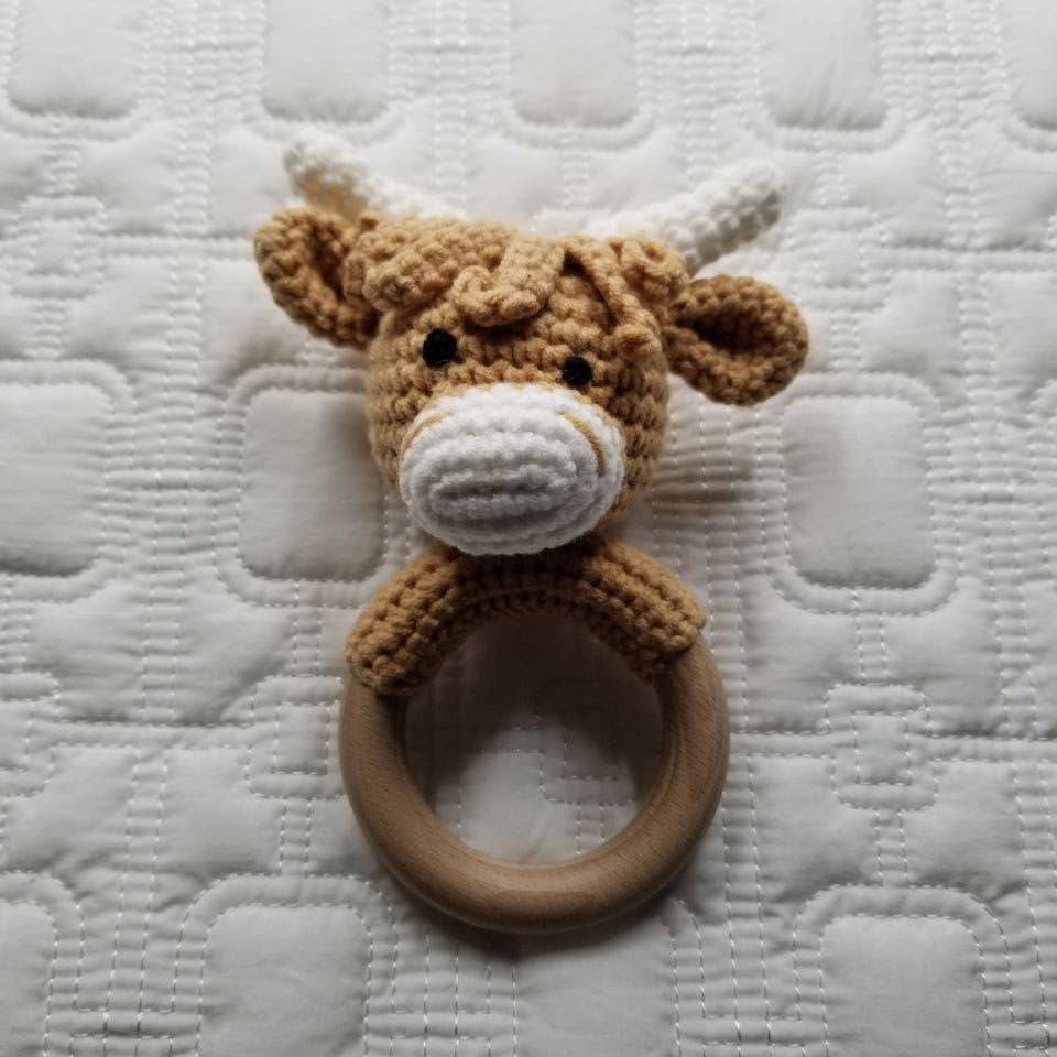 Khaki Highland Cow Hand Crochet Rattle