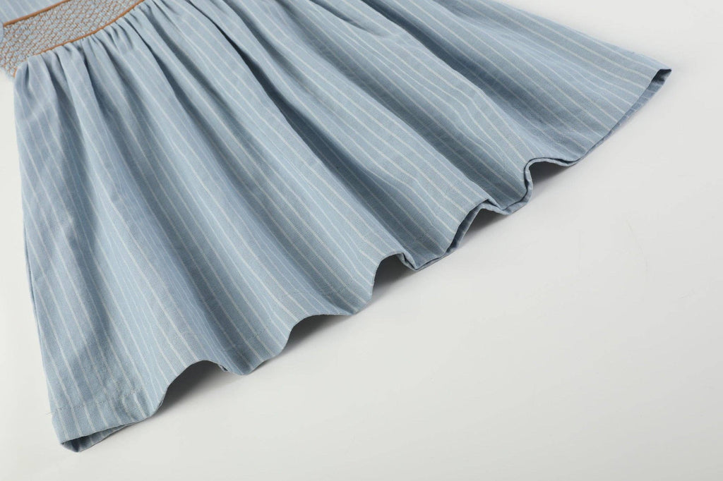 Blue Pinstripe Brown Smocked Ruffle Collar Dress: 2T