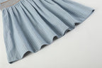 Blue Pinstripe Brown Smocked Ruffle Collar Dress: 4T