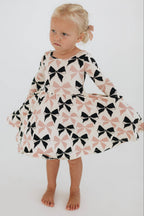 3/4 Sleeve Twirl Dress in Vintage Pink and Black Bows: Black and Pink Bows / 5