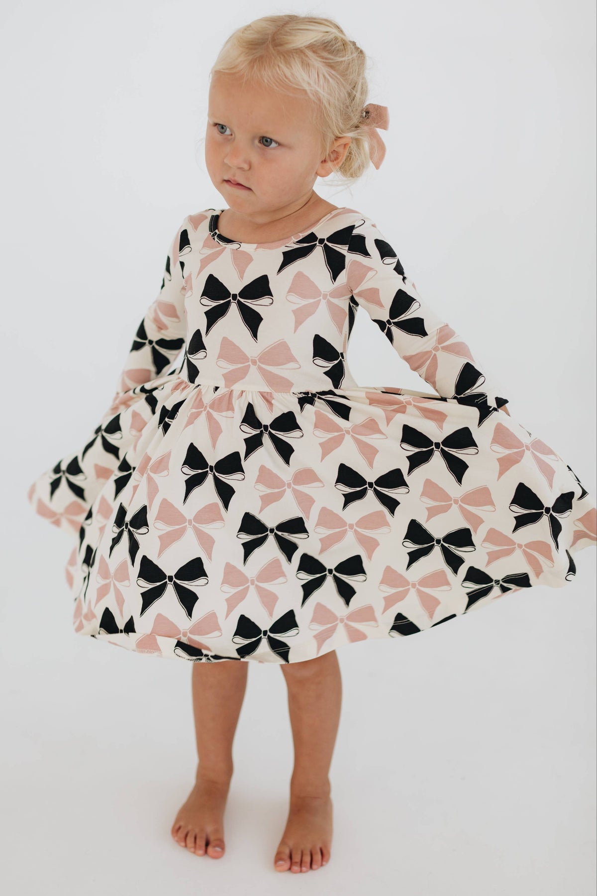 3/4 Sleeve Twirl Dress in Vintage Pink and Black Bows: Black and Pink Bows / 5