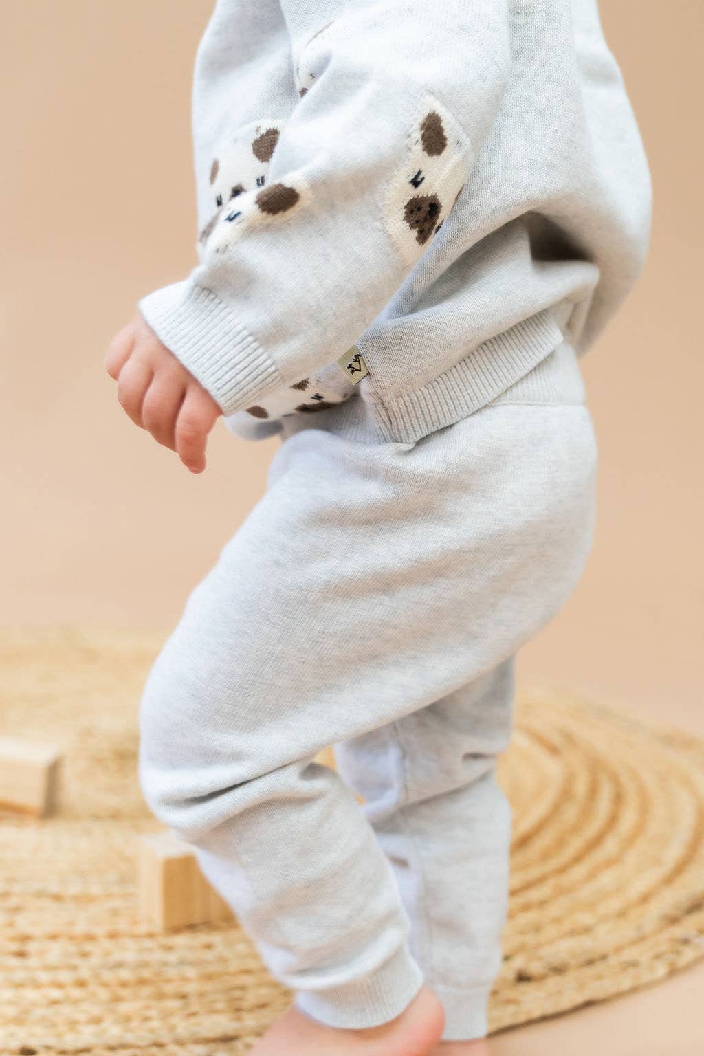 Frenchie Puppy Jacquard Knit Baby Pullover + Pants  Organic: Pearl Grey Heather / 18-24M