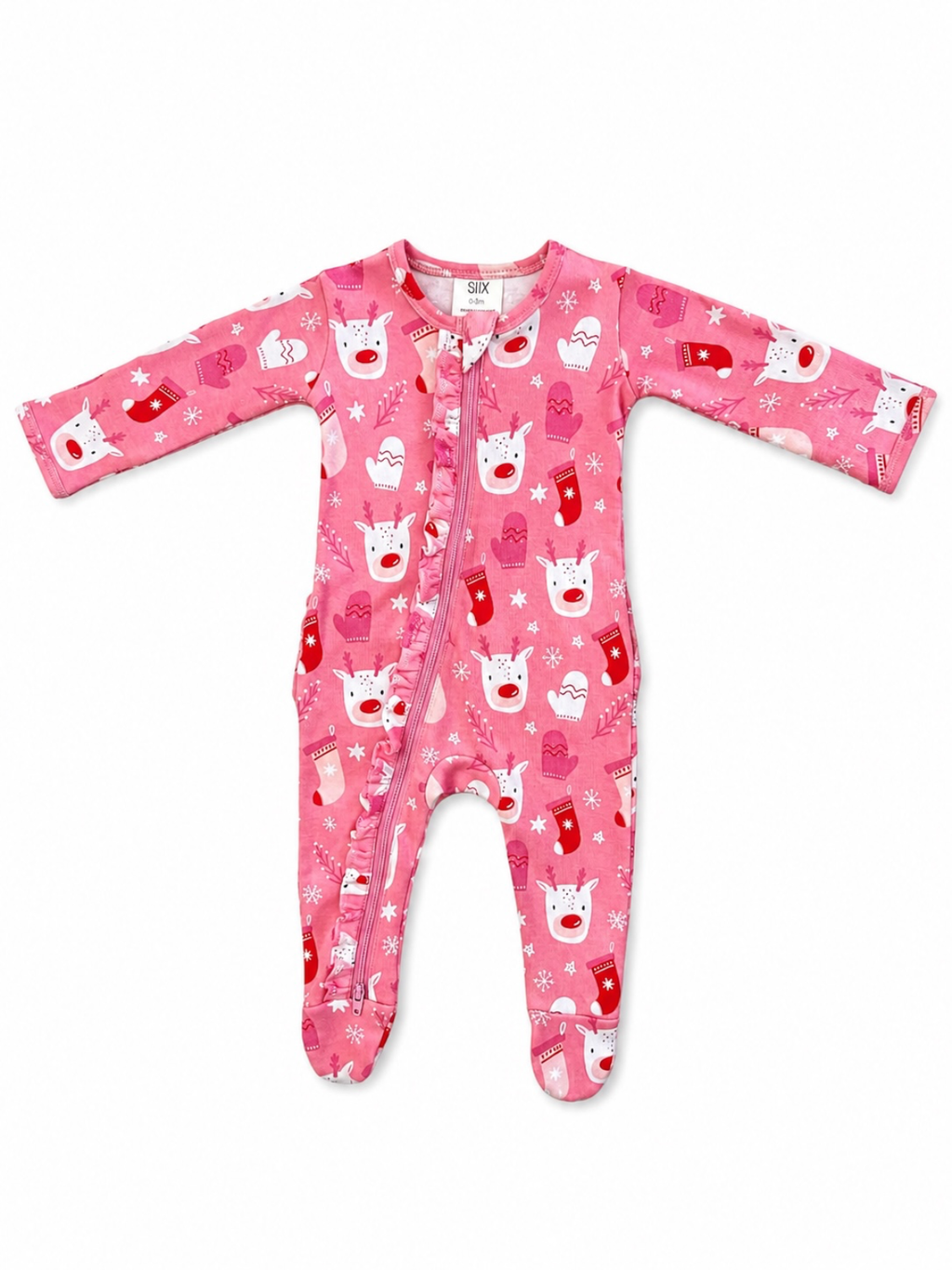 Reindeer Pink / Organic Frill Zip Footie: 3-6M