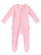 Pink / Ribbed Frill 2-Way Zip Footie: 0 - 3 mo.