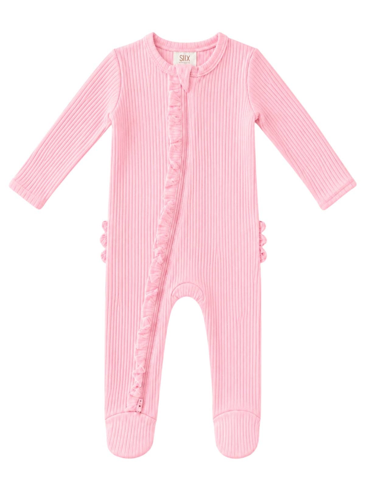 Pink / Ribbed Frill 2-Way Zip Footie: 6 - 9 mo.
