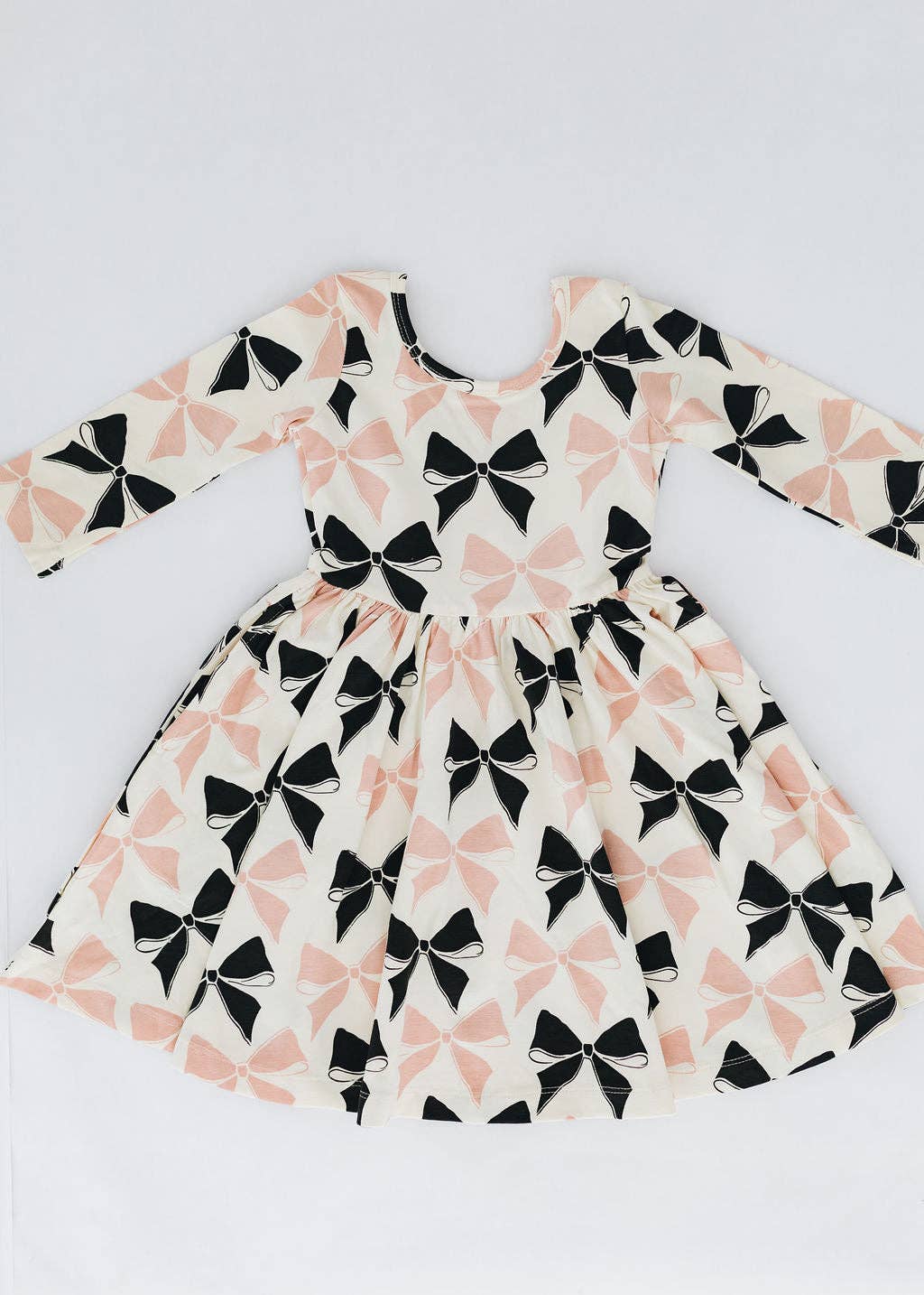 3/4 Sleeve Twirl Dress in Vintage Pink and Black Bows: Black and Pink Bows / 2