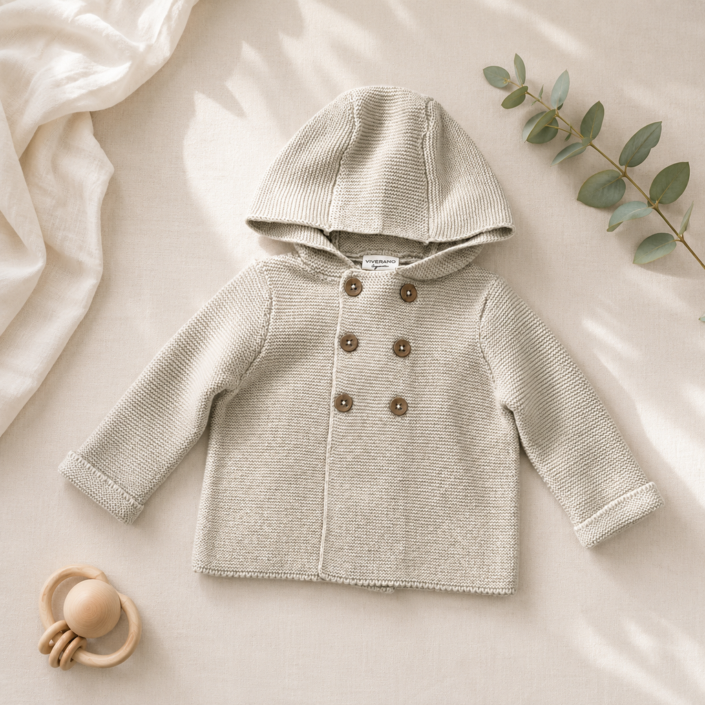 Hooded Double Button Baby Coat Jacket (Organic) 4 Colors: Stone / 6-12M