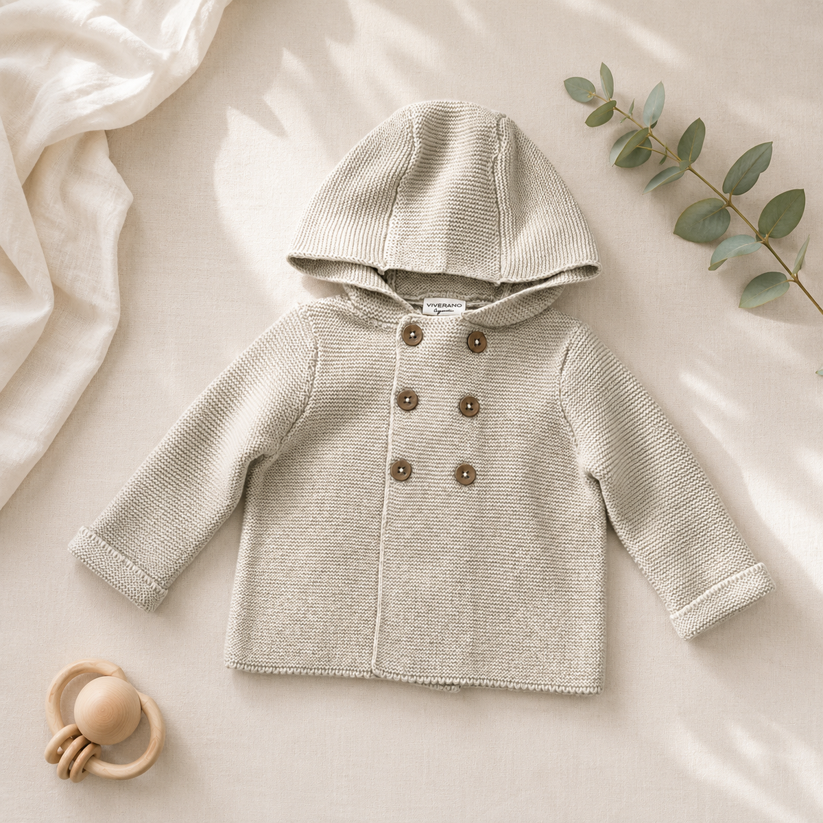 Hooded Double Button Baby Coat Jacket (Organic) 4 Colors: Stone / 18-24M