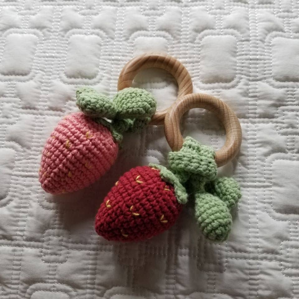 Strawberry Hand Crochet Orange Cotton Rattle - Fruit: Red
