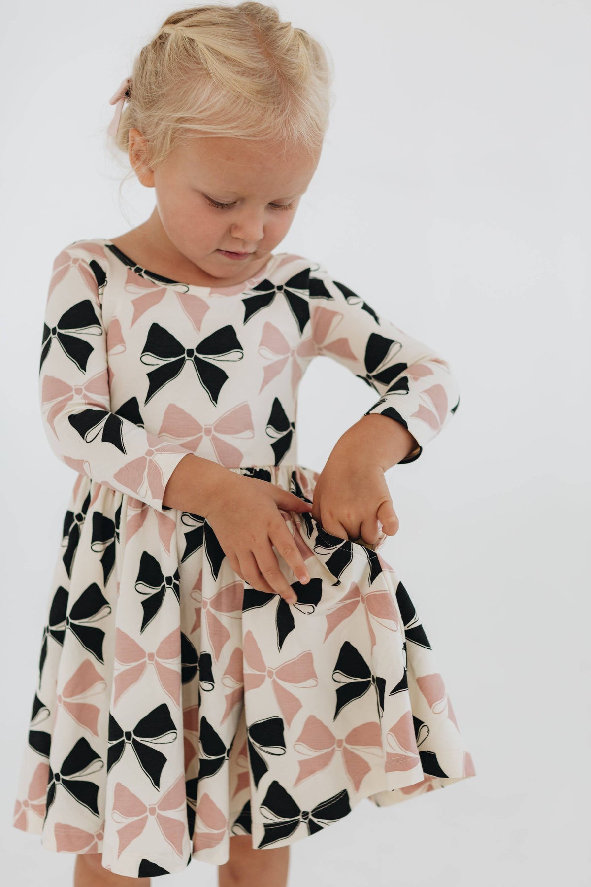 3/4 Sleeve Twirl Dress in Vintage Pink and Black Bows: Black and Pink Bows / 3