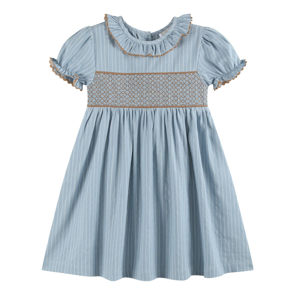 Blue Pinstripe Brown Smocked Ruffle Collar Dress: 12-18M