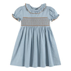 Blue Pinstripe Brown Smocked Ruffle Collar Dress: 12-18M