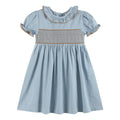 Blue Pinstripe Brown Smocked Ruffle Collar Dress: 2T