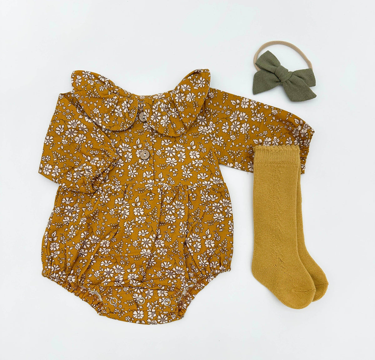 Mustard Floral Romper Set: D. 3pc Brown / 9-12 months
