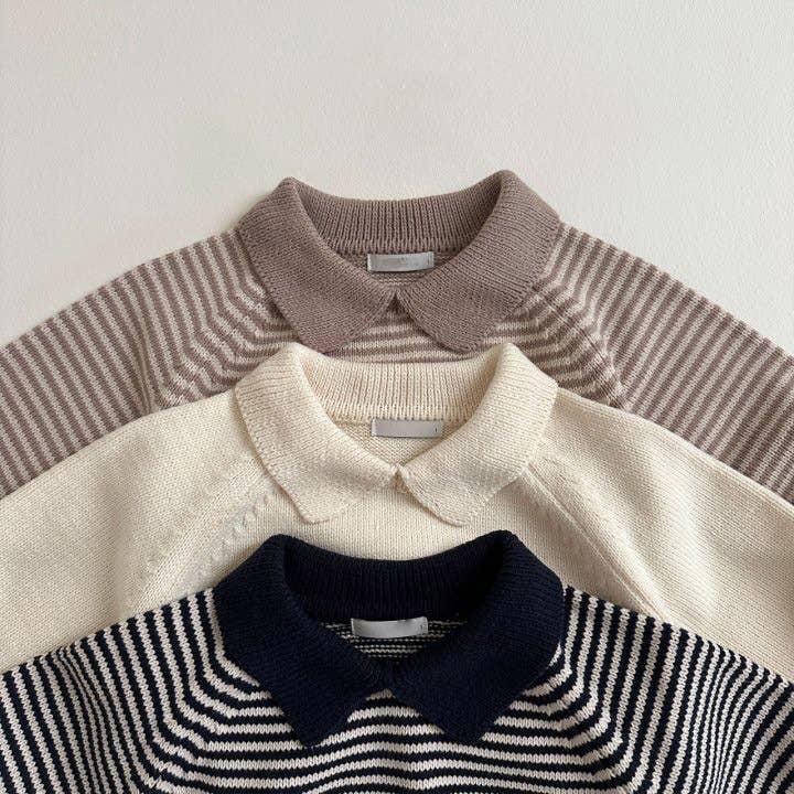 Baby Striped Collared Long Sleeve Top: Khaki / 12M