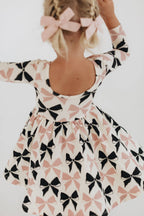 3/4 Sleeve Twirl Dress in Vintage Pink and Black Bows: Black and Pink Bows / 2