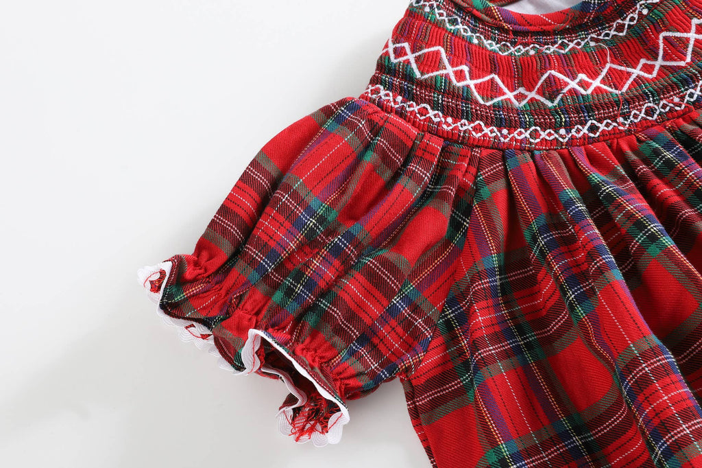 Red Christmas Plaid Smocked Bishop Dress: 6-12M
