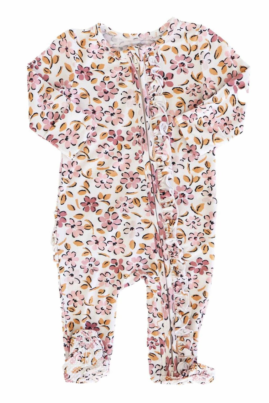 Mauvelous Meadow Ruffle Zipper Footie: 3-6 months