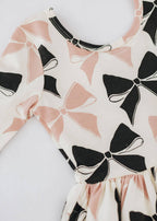 3/4 Sleeve Twirl Dress in Vintage Pink and Black Bows: Black and Pink Bows / 2