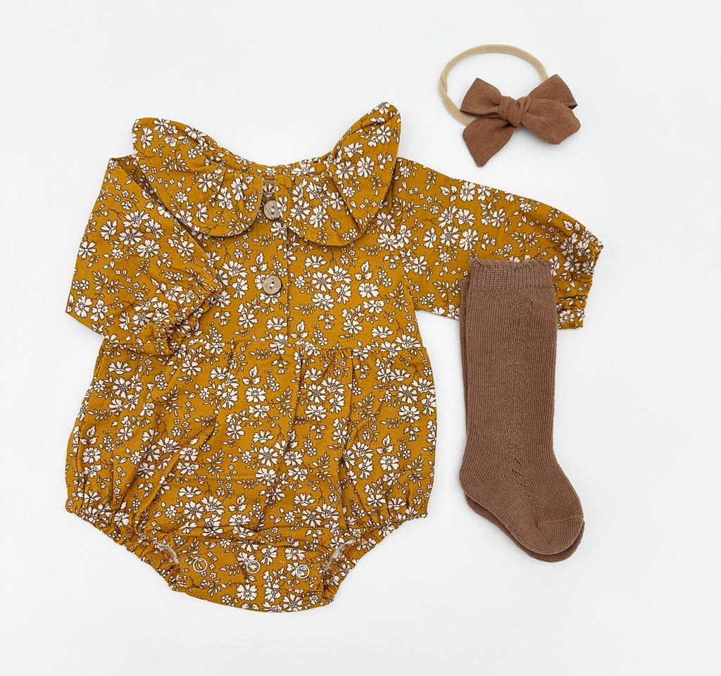 Mustard Floral Romper Set: D. 3pc Brown / 3-6 months