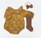 Mustard Floral Romper Set: D. 3pc Brown / 3-6 months