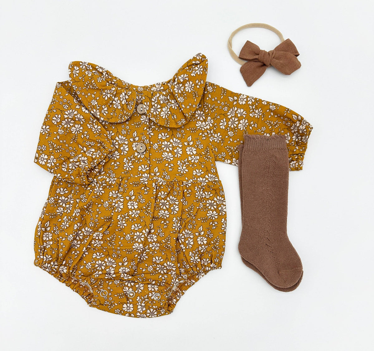 Mustard Floral Romper Set: D. 3pc Brown / 3-6 months