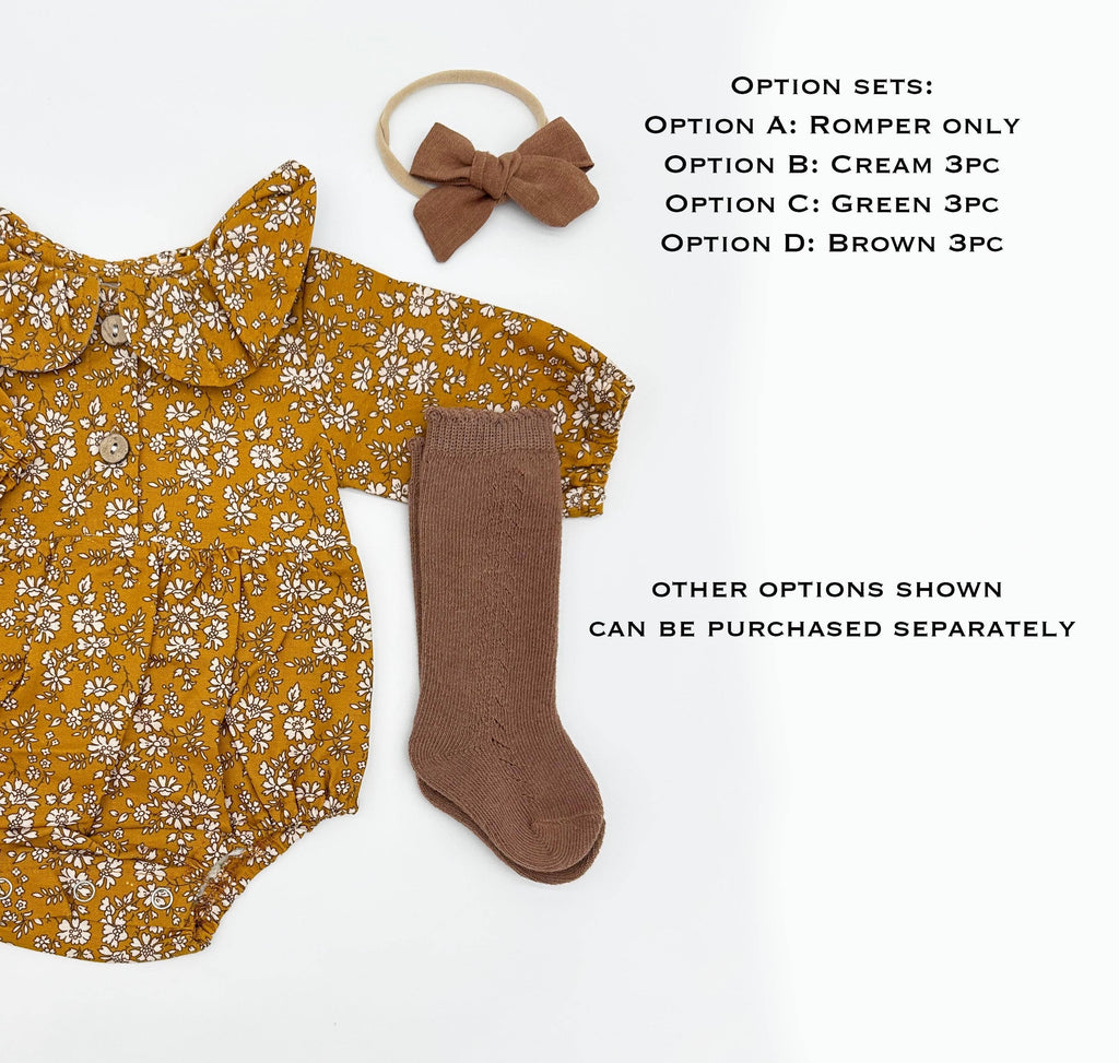 Mustard Floral Romper Set: D. 3pc Brown / 9-12 months