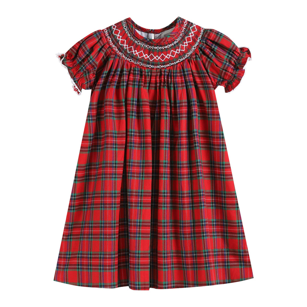 Red Christmas Plaid Smocked Bishop Dress: 6-12M