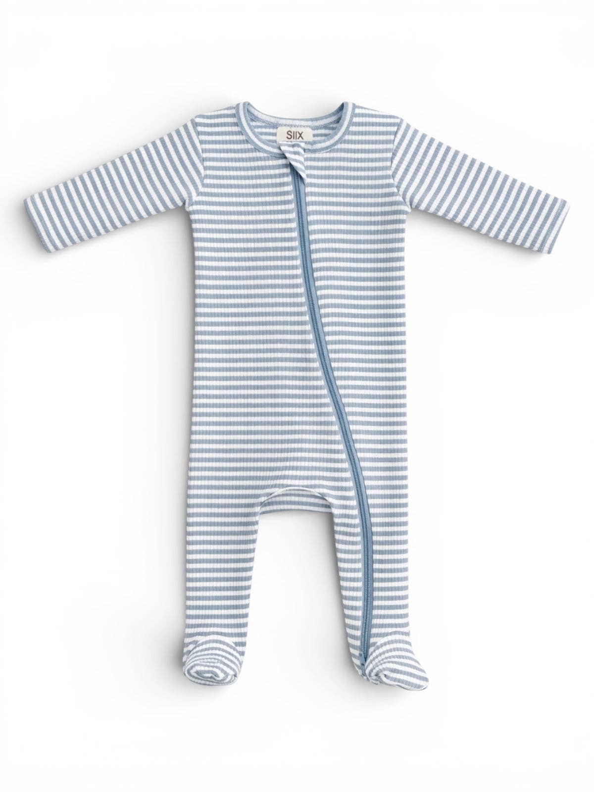 Dusty Blue Stripe / Ribbed 2-Way Zip Footie: 0-3M
