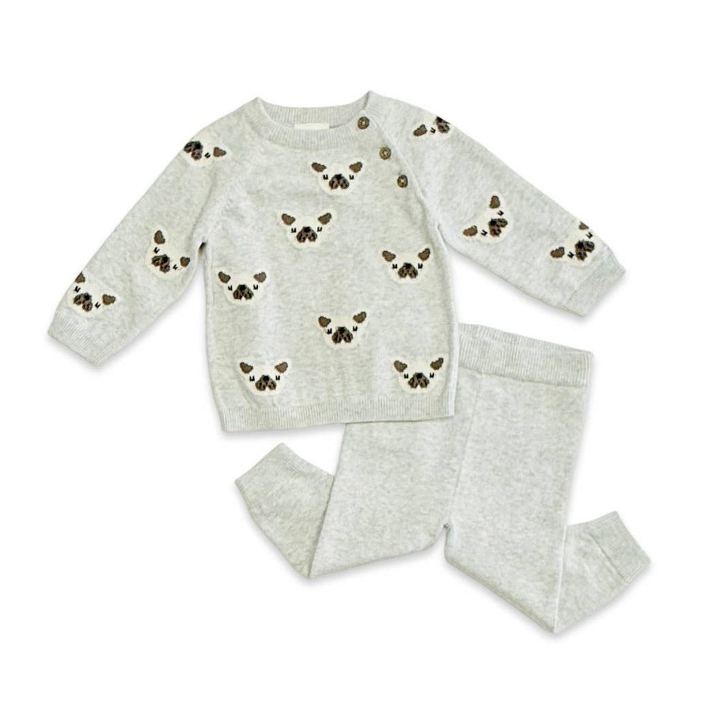 Frenchie Puppy Jacquard Knit Baby Pullover + Pants  Organic: Pearl Grey Heather / 18-24M