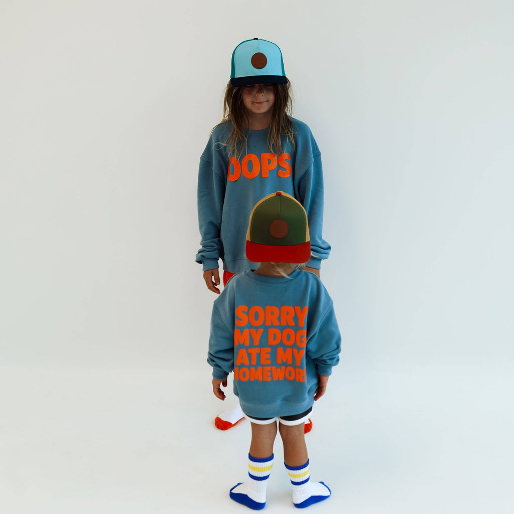 SORRY, MY DOG ATE MY HOMEWORK | DUSTY BLUE | oversized drop shoulder | KIDS: DUSTY BLUE / 4-6 PULLOVER