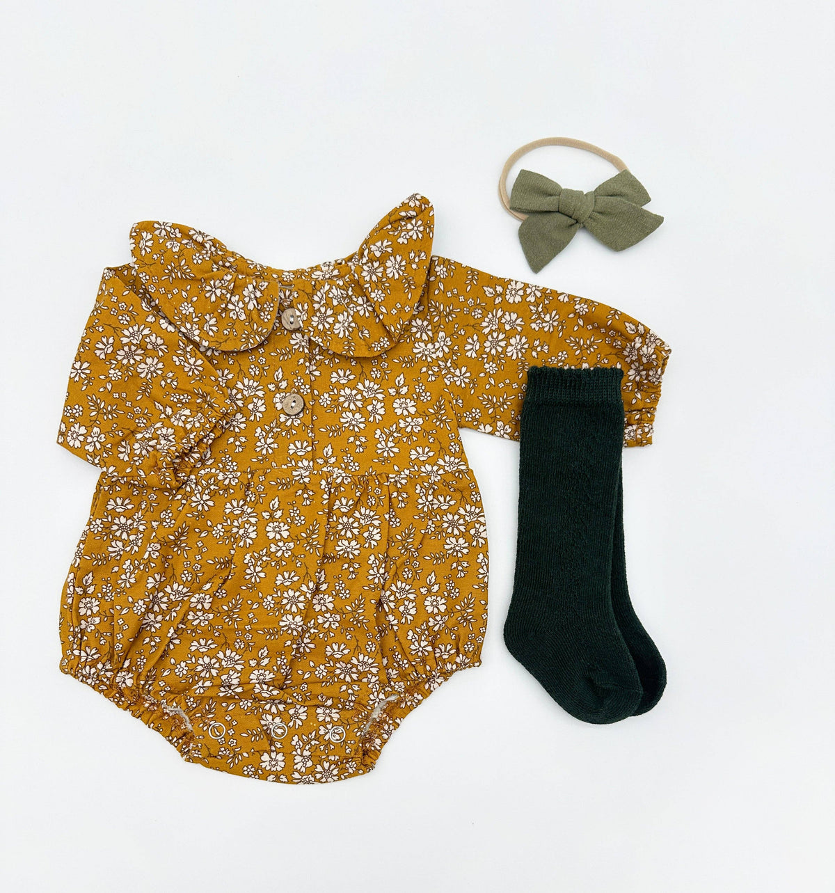 Mustard Floral Romper Set: D. 3pc Brown / 9-12 months