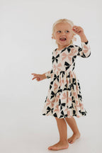 3/4 Sleeve Twirl Dress in Vintage Pink and Black Bows: Black and Pink Bows / 2