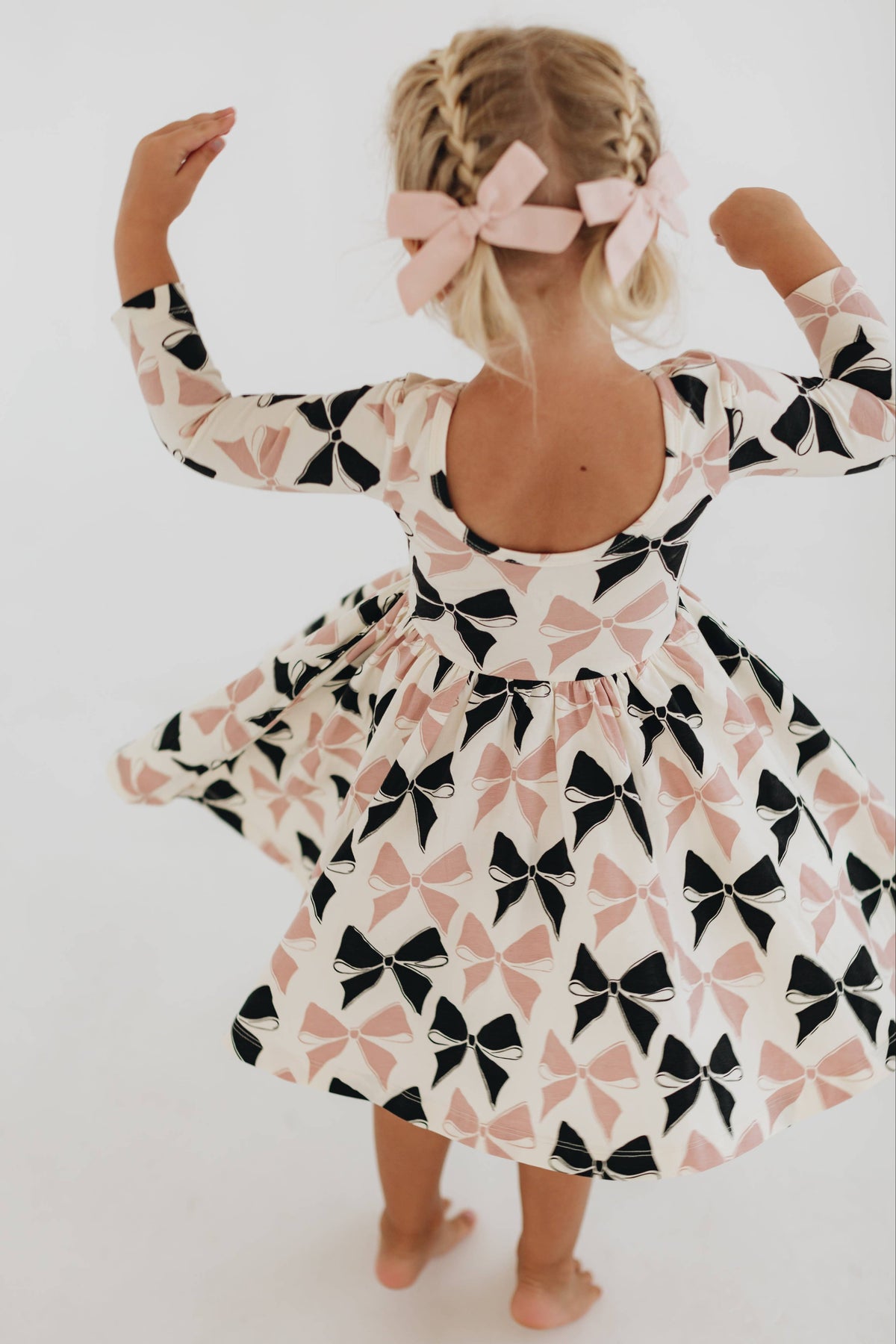 3/4 Sleeve Twirl Dress in Vintage Pink and Black Bows: Black and Pink Bows / 2
