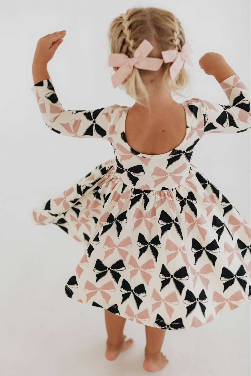 3/4 Sleeve Twirl Dress in Vintage Pink and Black Bows: Black and Pink Bows / 3