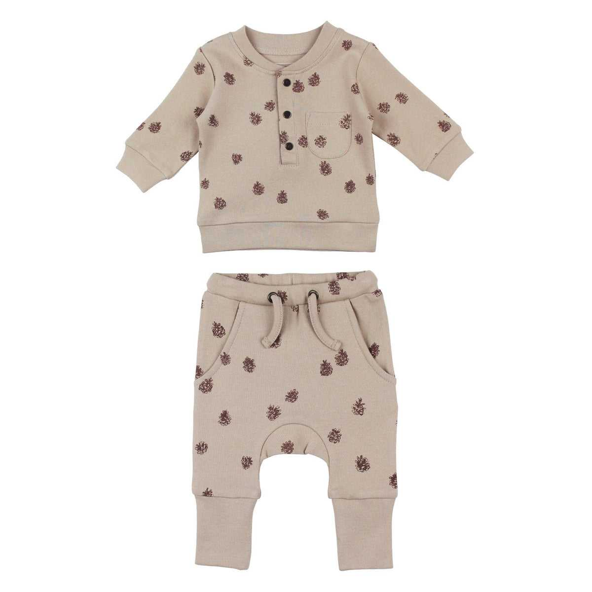 Oatmeal Pinecone | Organic Henley Sweatshirt & Jogger Set: 0-3m