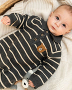 Bear Face Stripe & Collar Knit Baby Jumpsuit (Organic) : Charcoal / 6-12M