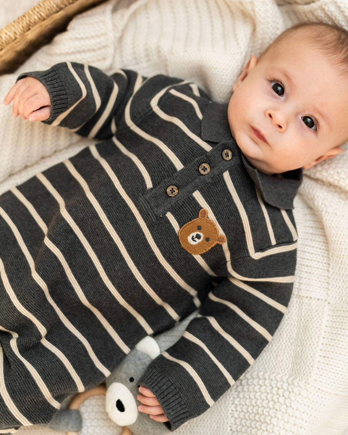 Bear Face Stripe & Collar Knit Baby Jumpsuit (Organic) : Charcoal / 6-12M