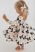 3/4 Sleeve Twirl Dress in Vintage Pink and Black Bows: Black and Pink Bows / 2