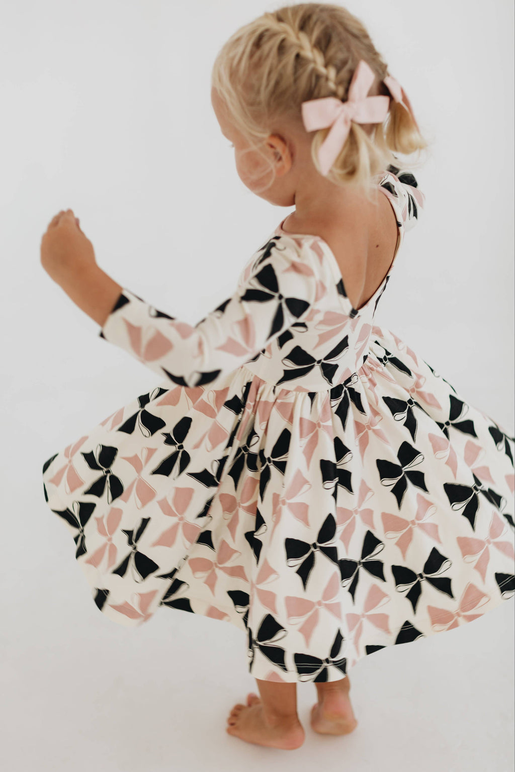 3/4 Sleeve Twirl Dress in Vintage Pink and Black Bows: Black and Pink Bows / 5