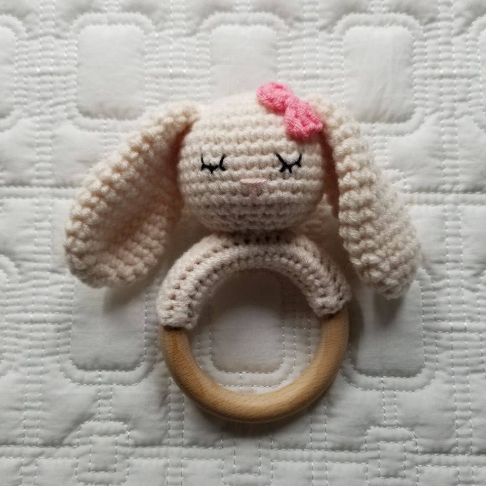 Wood Ring Crochet Bow Bunny Rattle