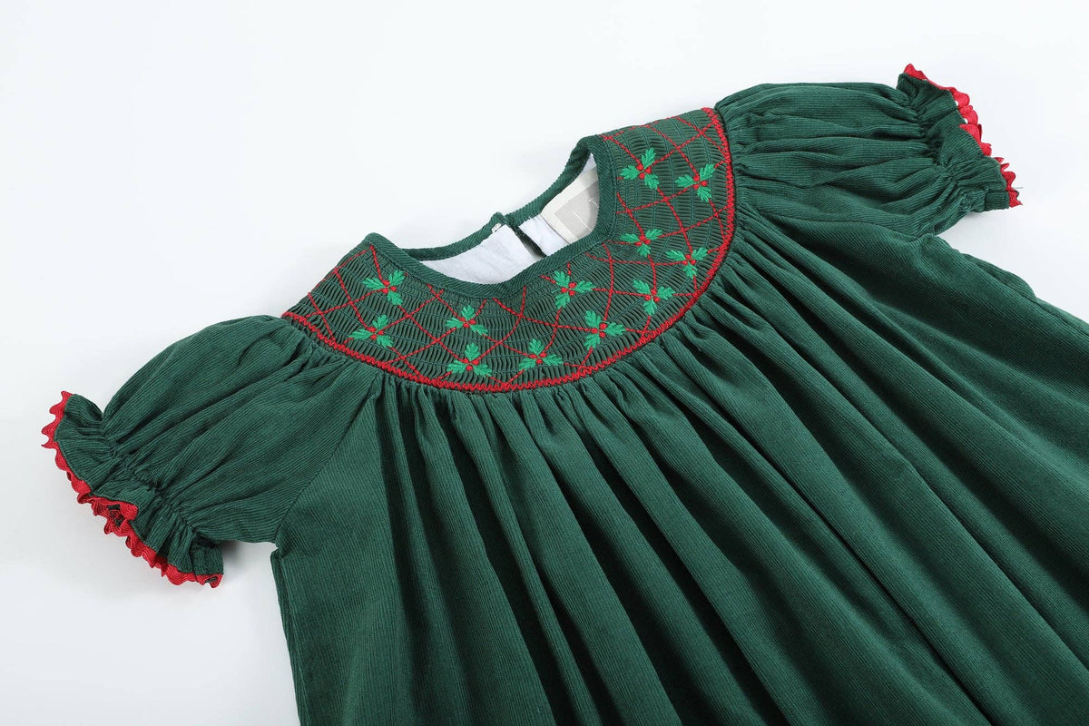 Green Christmas Mistletoe Smocked Bishop Dress: 18-24M