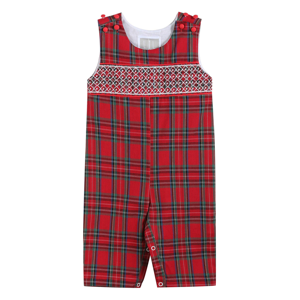 Red and Green Christmas Plaid Smocked Overalls: 12-18M