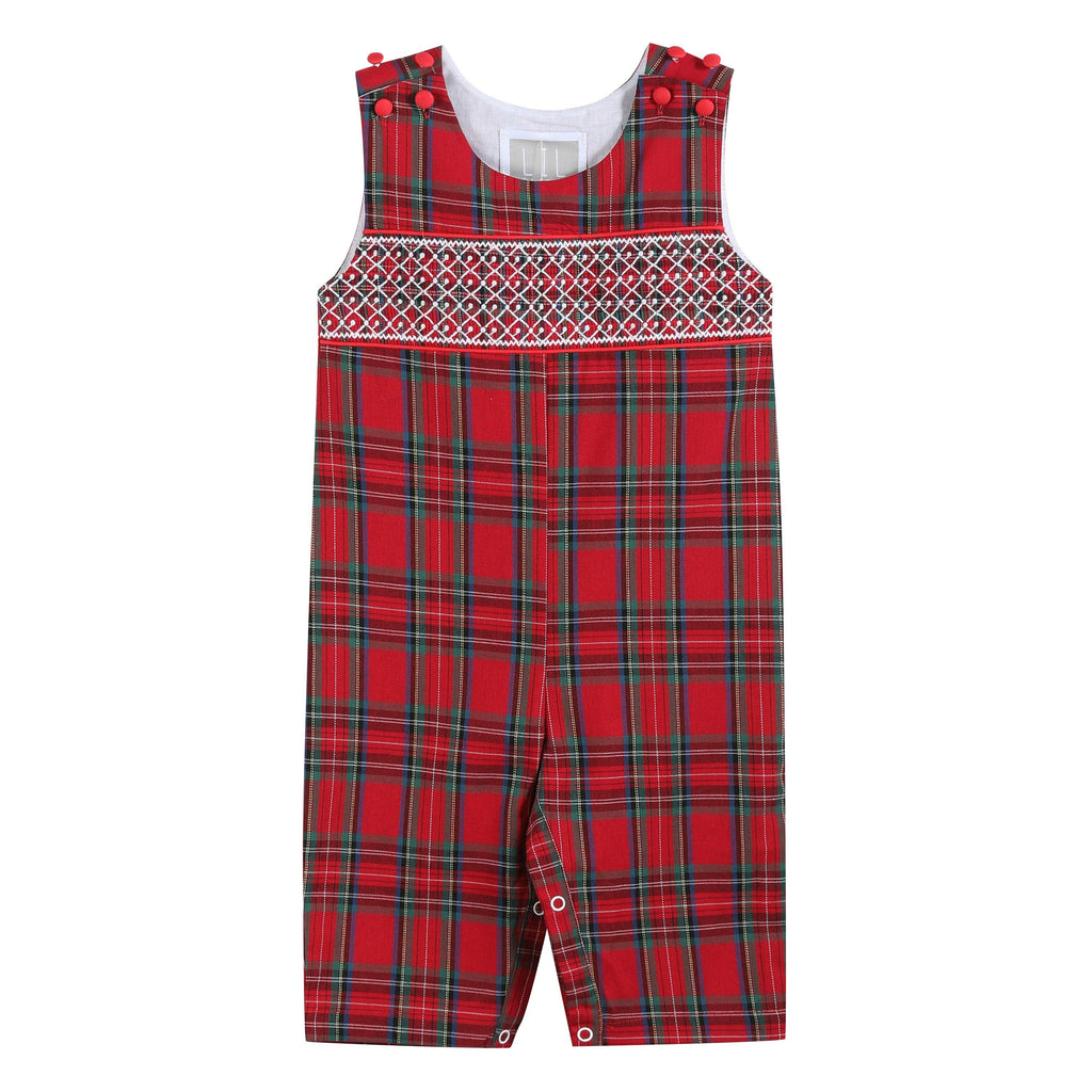 Red and Green Christmas Plaid Smocked Overalls: 18-24M