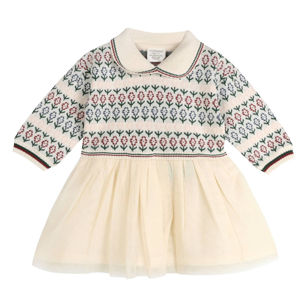 Dahlia Floral Jacquard Knit Baby Tutu Dress (Organic Cotton): Ecru / 6-12M