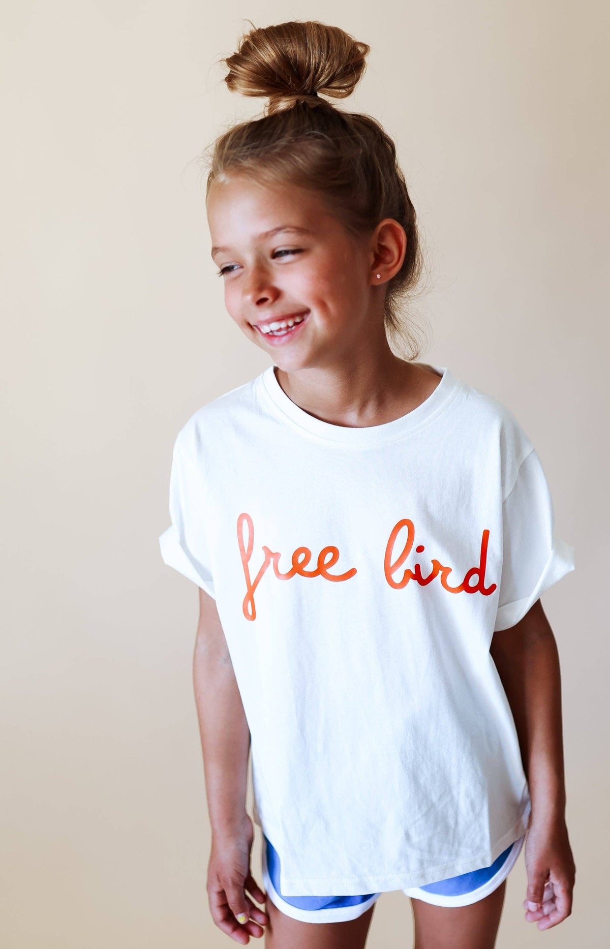 FREE BIRD in burnt orange | Kids Tee: 18-24M / WHITE