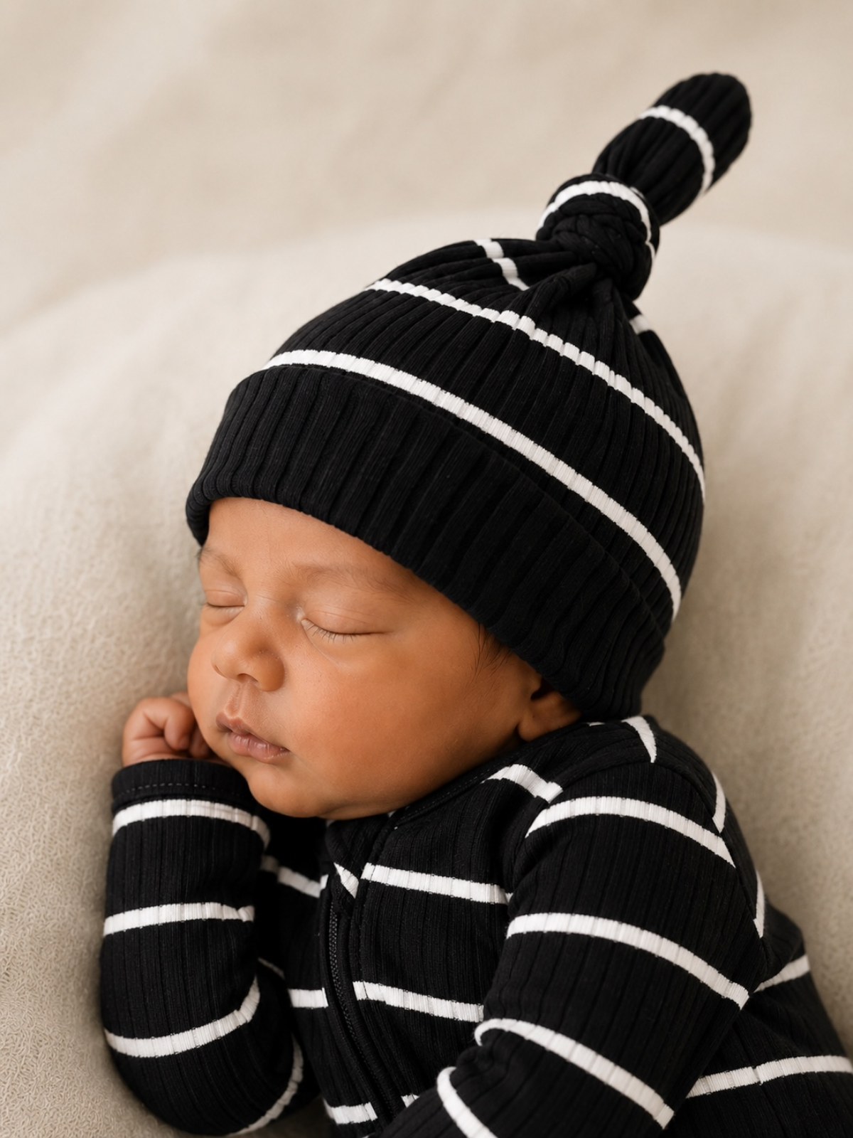 Black/White Stripe / Ribbed Beanie: 0-3M