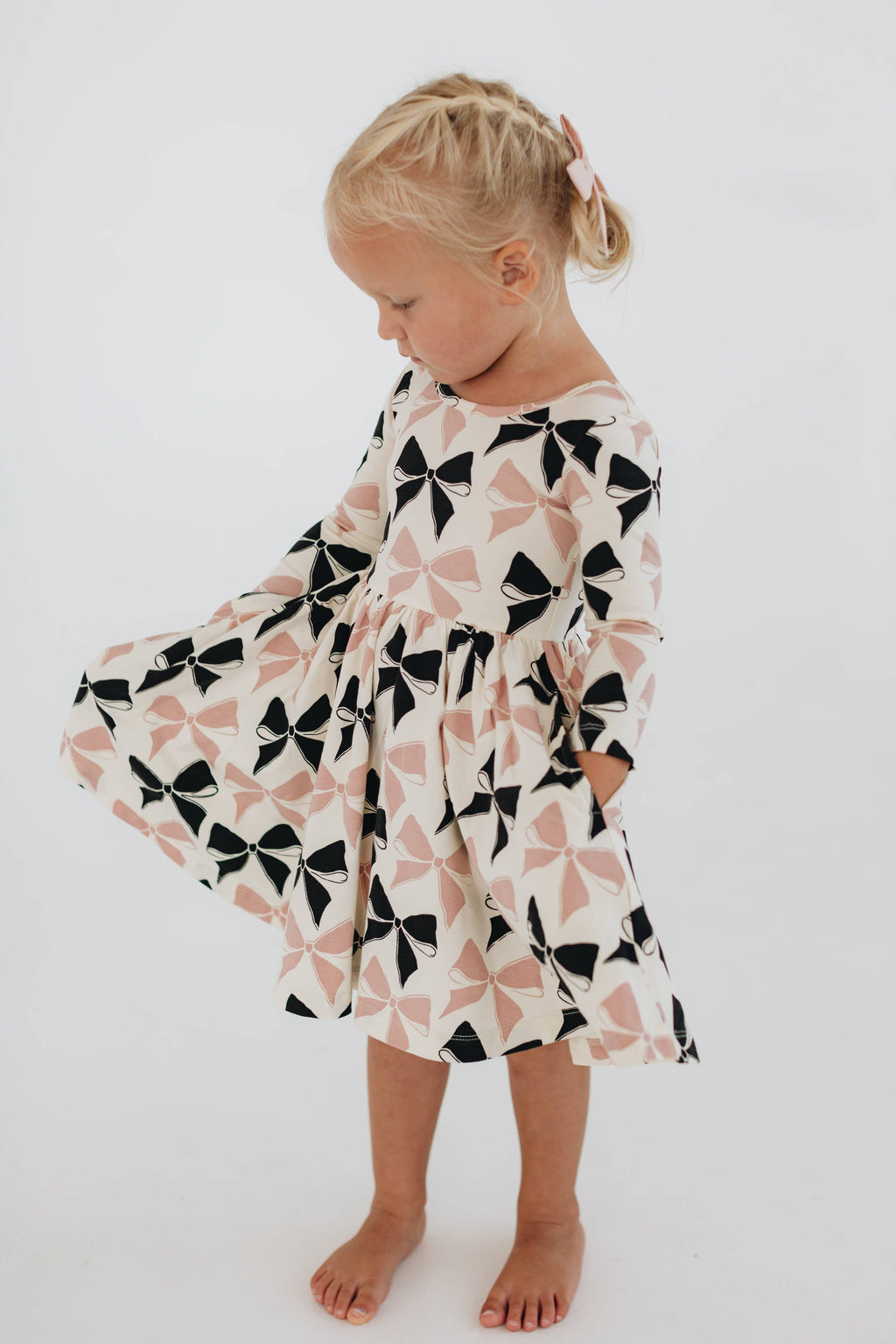 3/4 Sleeve Twirl Dress in Vintage Pink and Black Bows: Black and Pink Bows / 2