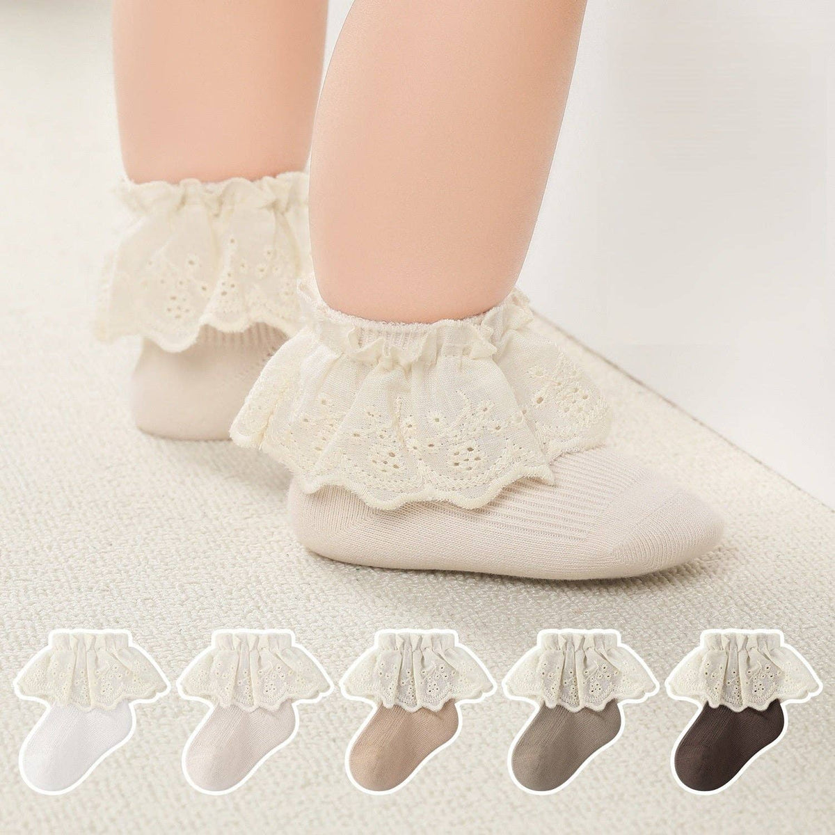 MyKids-USA® Baby Kids Girls Breathable Lace Trim Vintage Socks: Khaki / M (1-3Y)