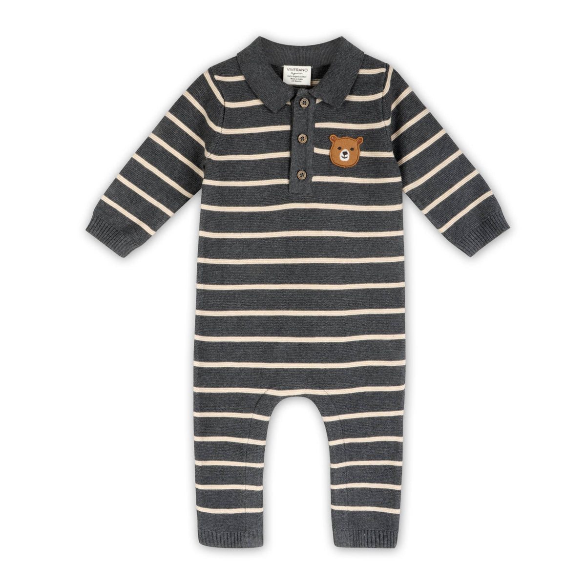 Bear Face Stripe & Collar Knit Baby Jumpsuit (Organic) : Charcoal / 12-18M
